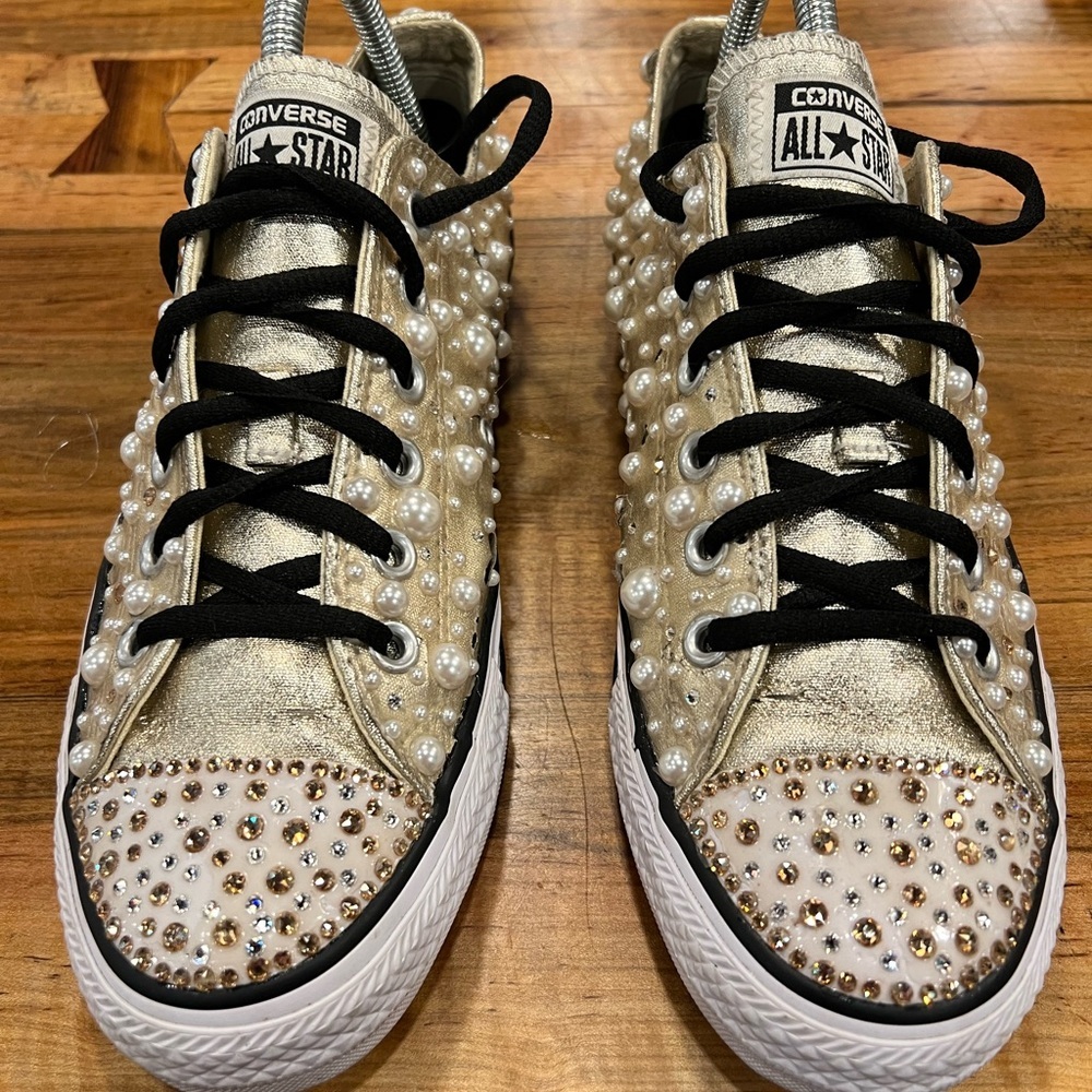 Converse Women's Gold Pearl Studded Sneakers - Picture 2 of 9